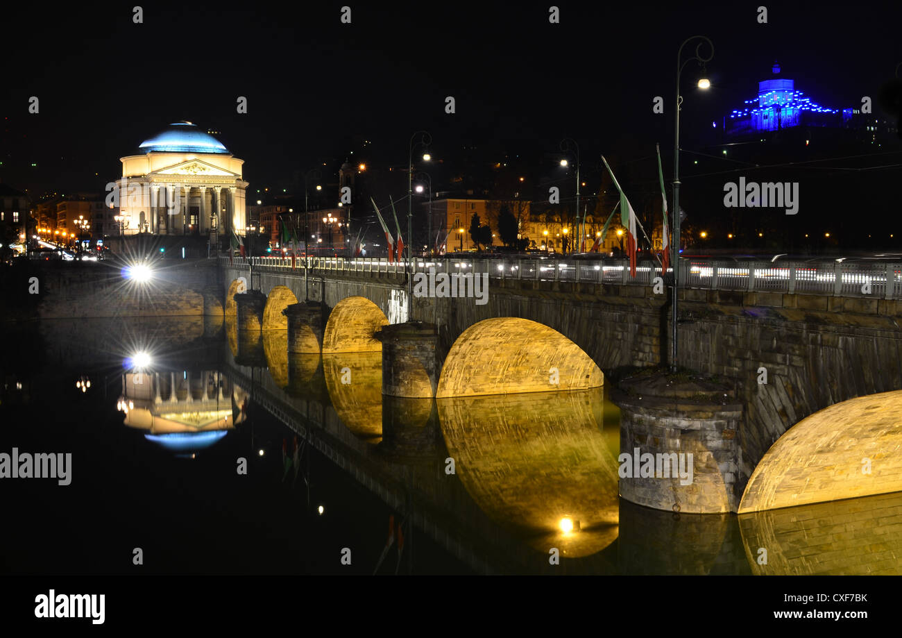 Gran Madre church and bridge on river Po in Turin, Italy at night Stock Photo