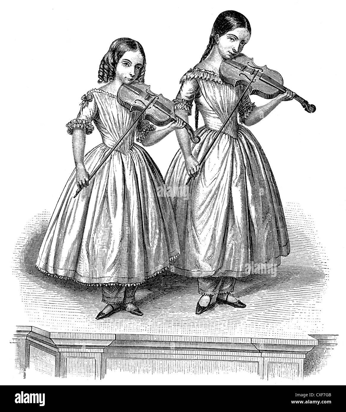 the sisters Mary and Teresa Milanello, born 1827 and 1832, making music, Italian violinists and prodigies, Stock Photo