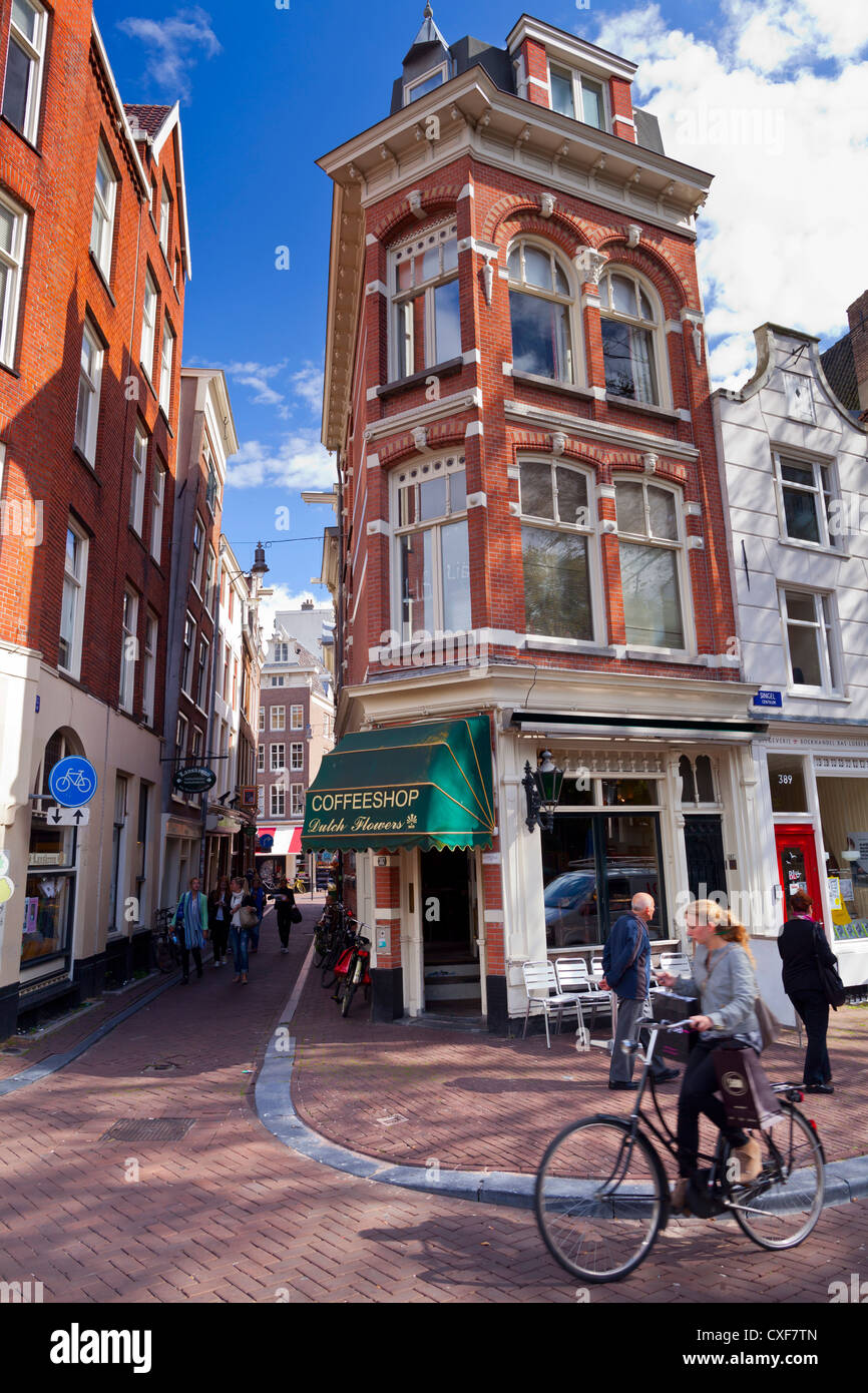 Amsterdam historical buildings with coffee shop Amsterdam