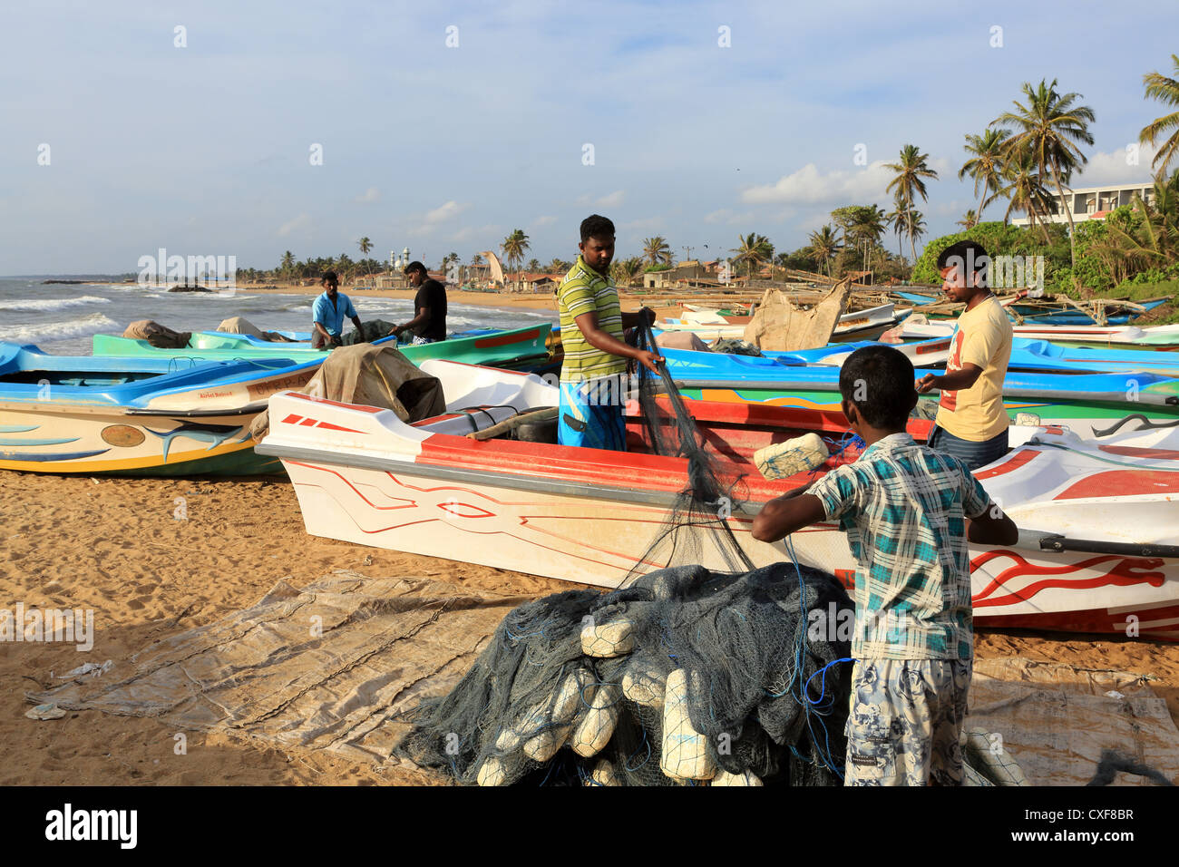 Fishermen pick fish out of their fishing net after a nights fishing. Negombo beach, Sri Lanka. Stock Photo