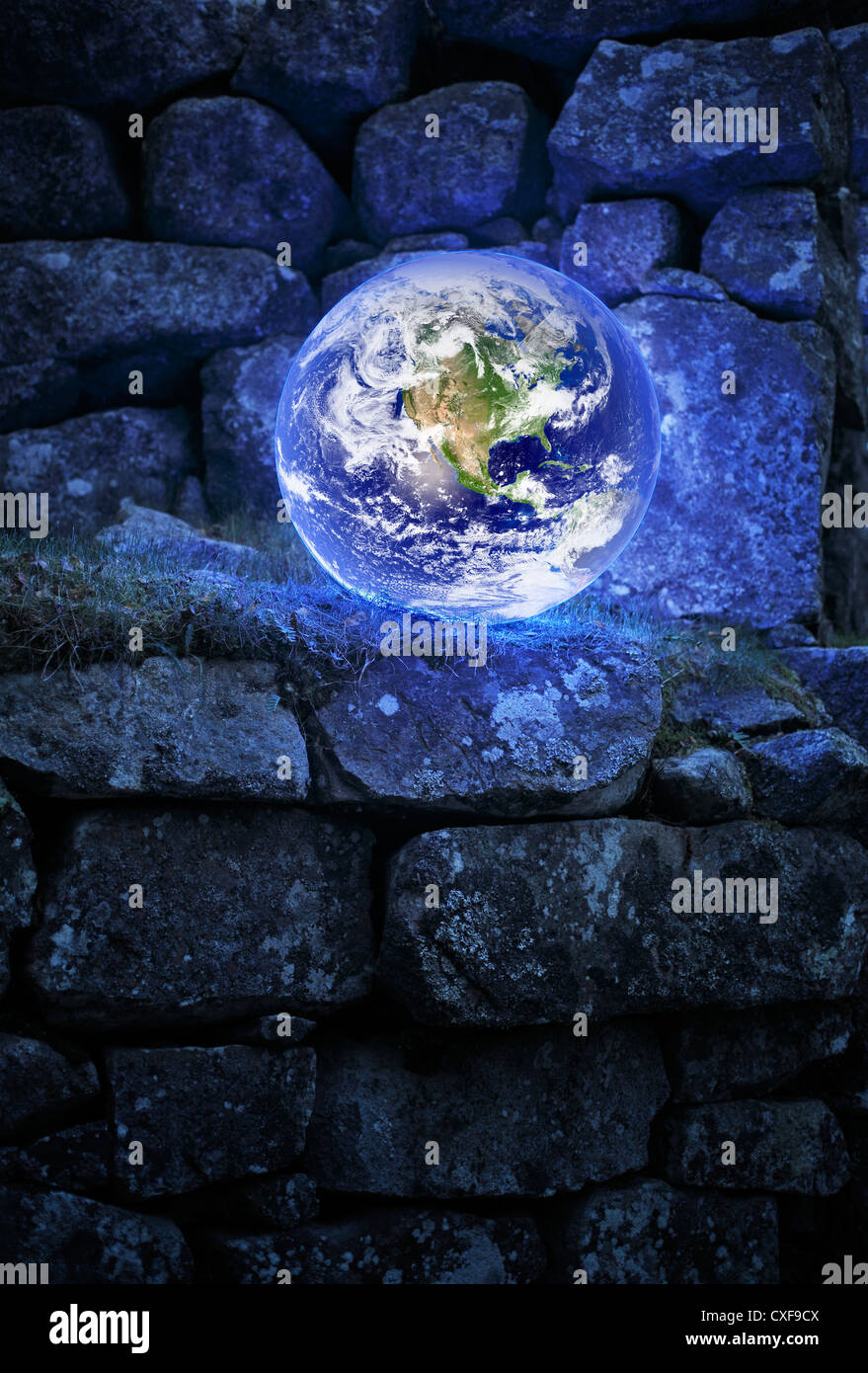 Planet earth on an old castle wall. Earth image provided by NASA. Stock Photo