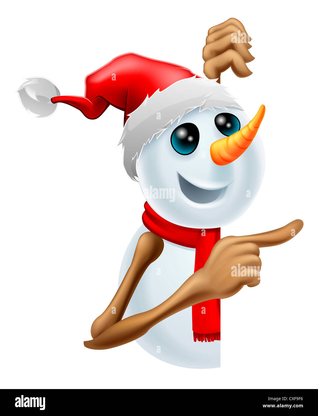 Happy cartoon snowman in a red Santa hat and scarf pointing Stock Photo