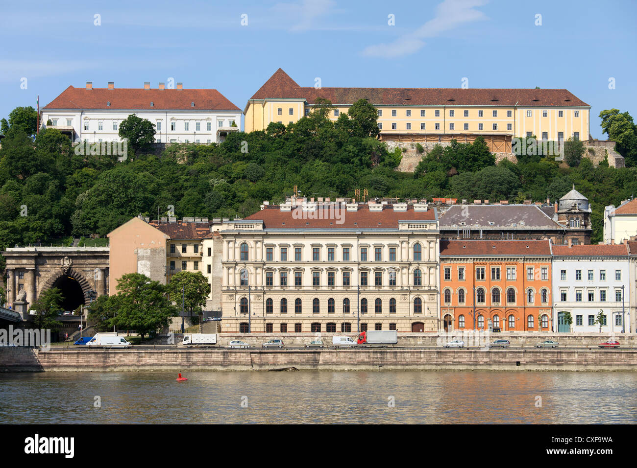 Budapest cityscape in Hungary (Buda side) with historic tenement houses