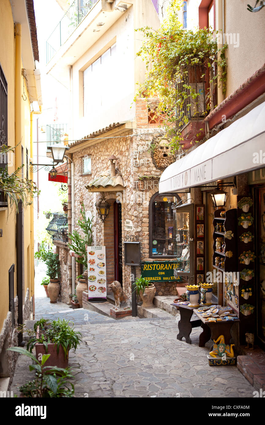 old cobbled street Taormina Sicily Italy Stock Photo