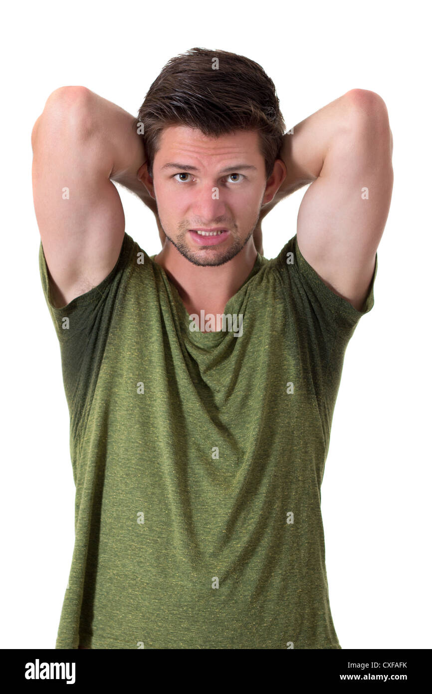 Man with Hyperhidrosis sweating very badly under armpit Stock Photo - Alamy