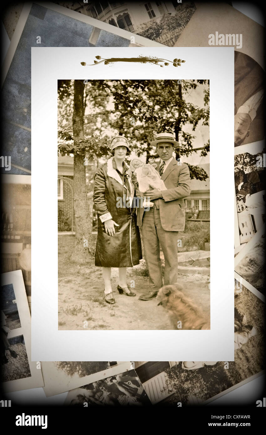 An original vintage photograph of a couple with a baby on a background of old pictures. Stock Photo