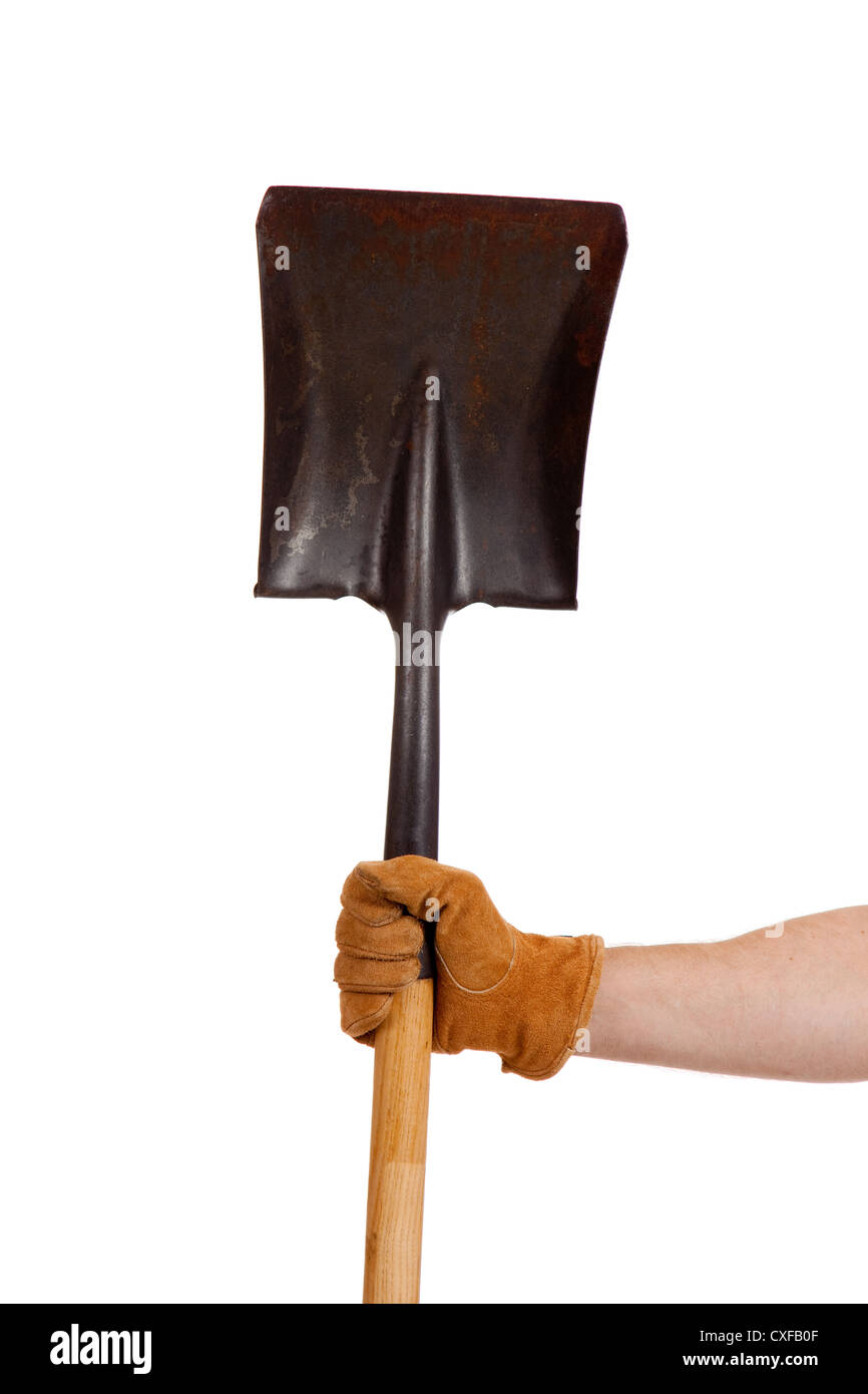 Work gloved hand holding a shovel Stock Photo
