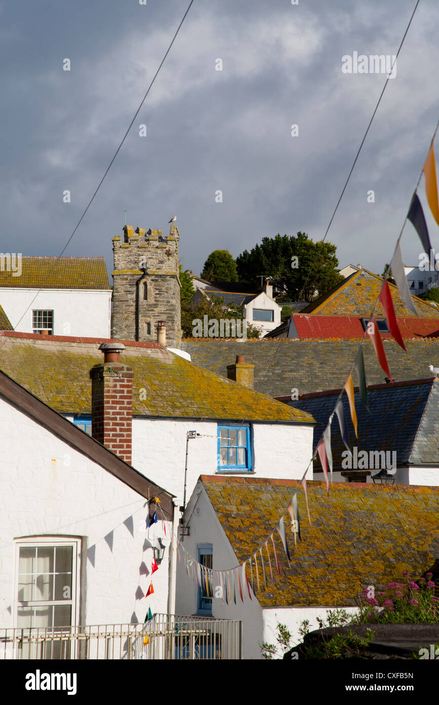 Gorran Haven; village and church tower; Cornwall; UK Stock Photo