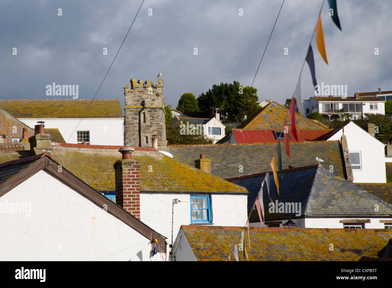 Gorran Haven; village and church tower; Cornwall; UK Stock Photo