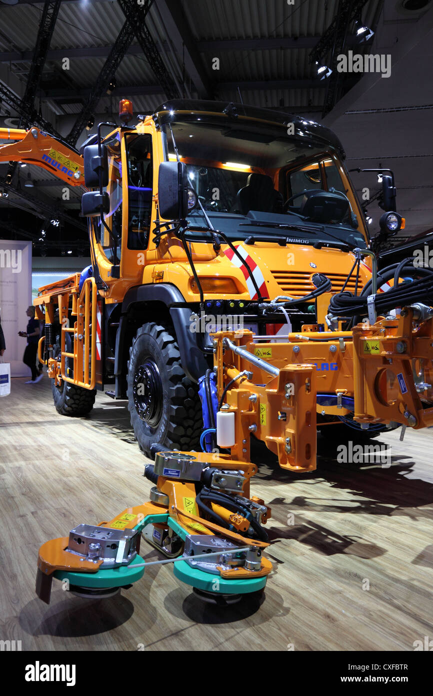 New Mercedes Benz Unimog Road Cleaning Truck at the International Motor Show for Commercial Vehicles Stock Photo