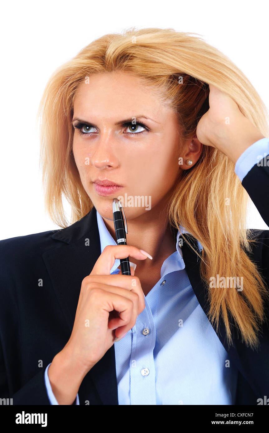 Isolated young business woman thinking Stock Photo - Alamy