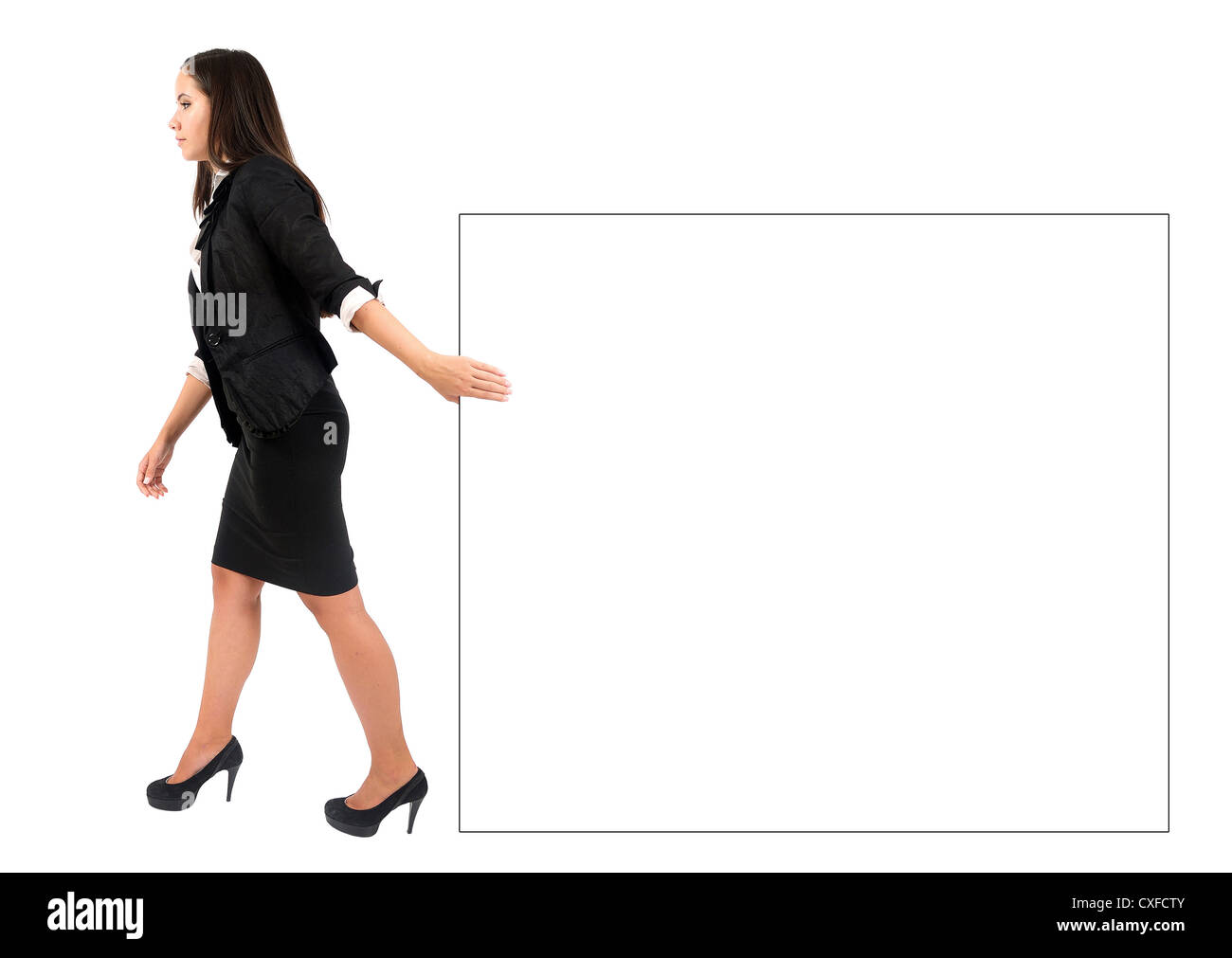 Isolated young business woman pull something Stock Photo - Alamy