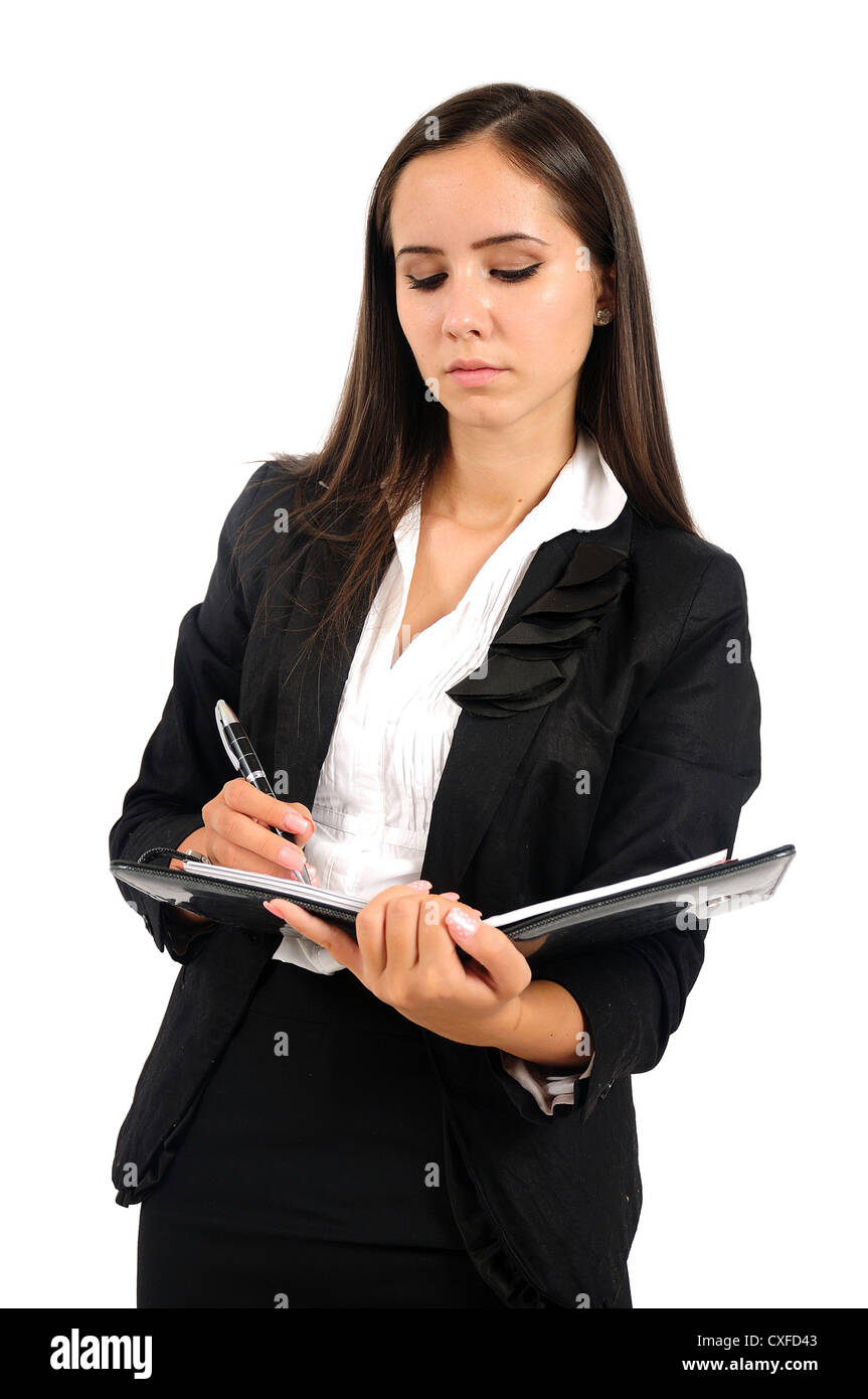 Isolated young business woman writing Stock Photo - Alamy
