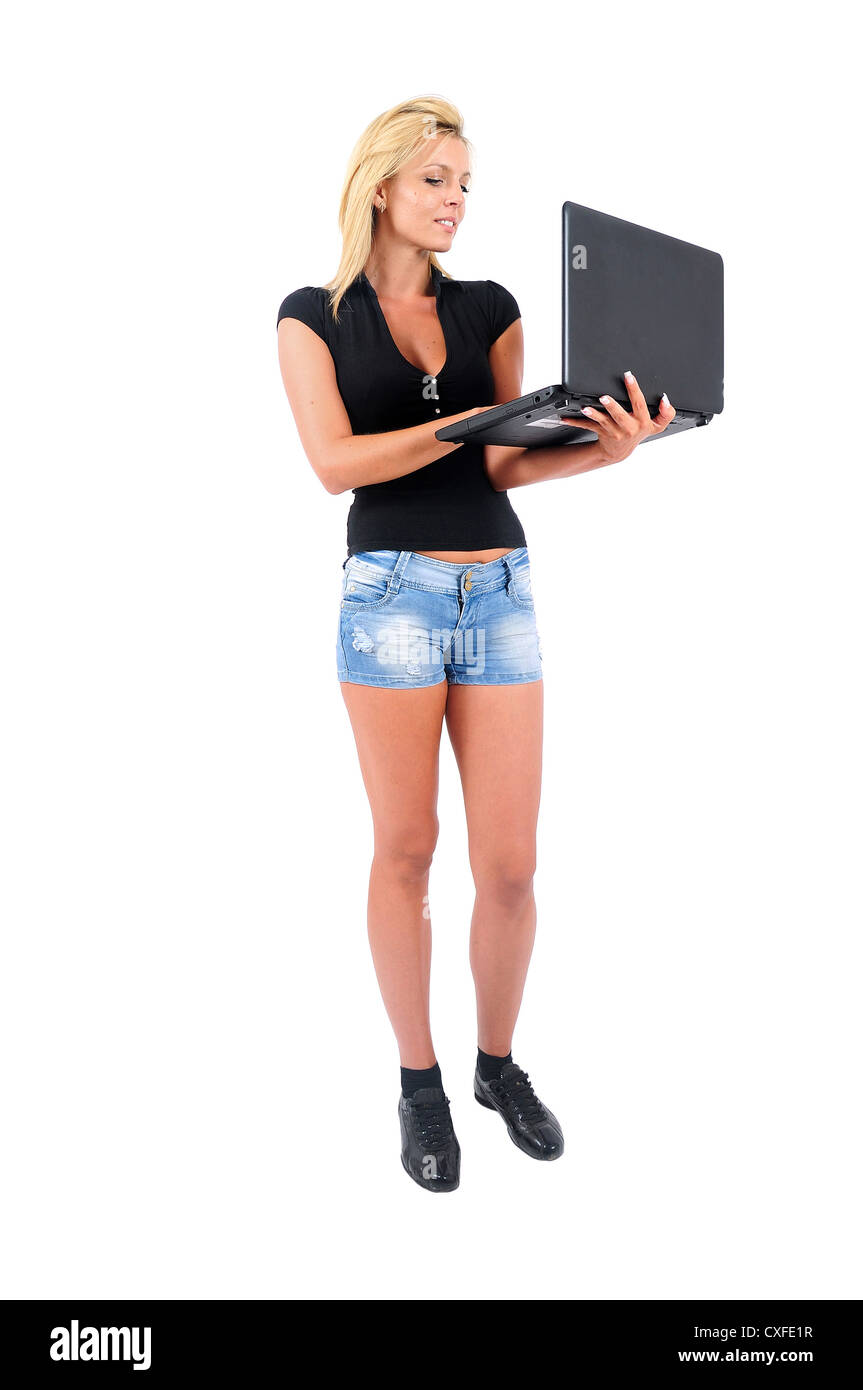 Isolated Young Casual Girl Working at Laptop Stock Photo - Alamy
