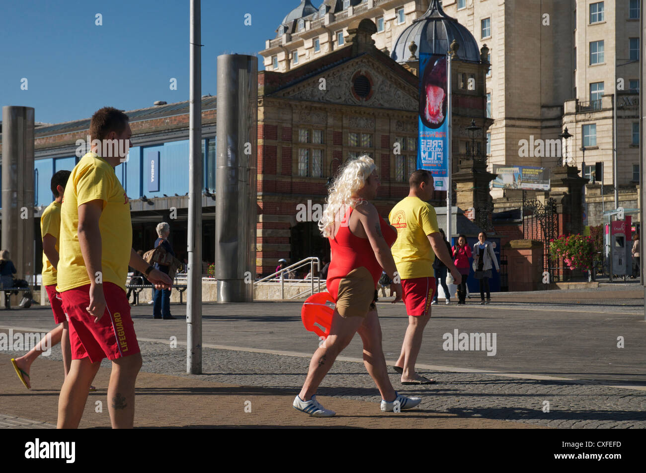 Stag party in Baywatch fancy dress Stock Photo Alamy