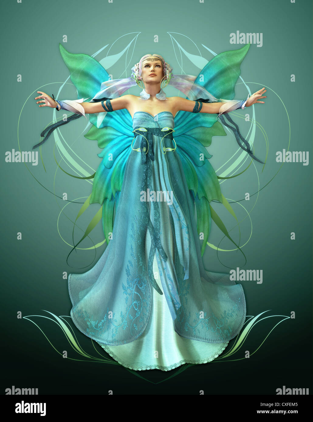magical fairy in a blue dress with a magic wand Stock Photo