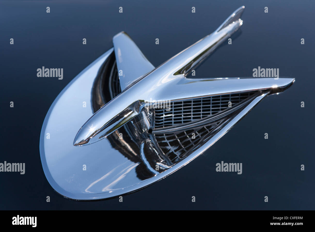 The airplane hood ornament on a 1956 Buick Special. Stock Photo