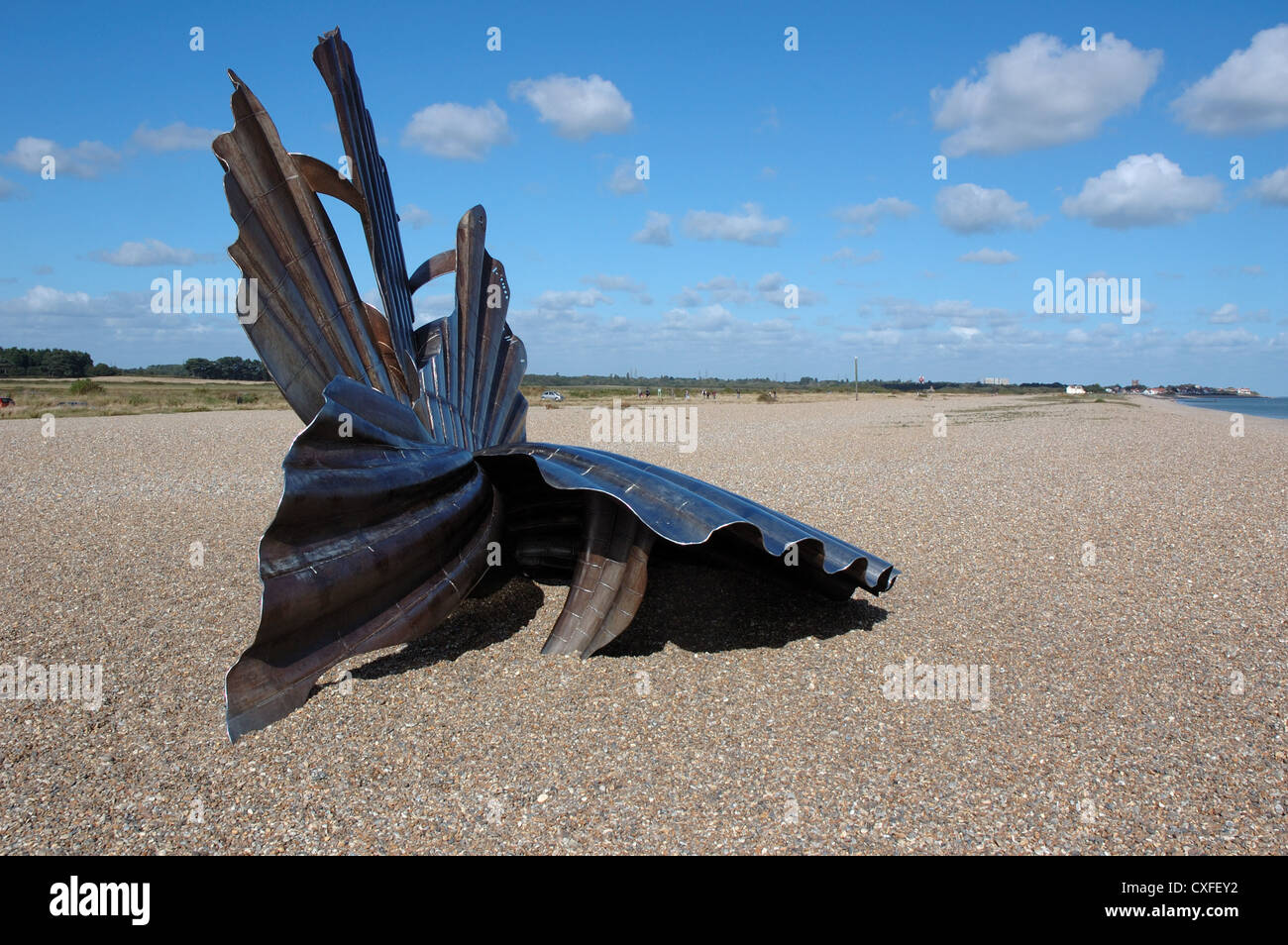 Maggi Hambling's sculpture 'Scallop' on the beach at Aldeburgh, Suffolk Stock Photo