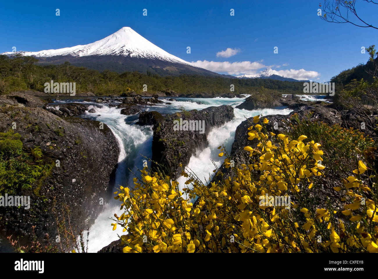 Elk1983544 Chile, Petrohue, Saltos Petrohue waterfall with Volcan