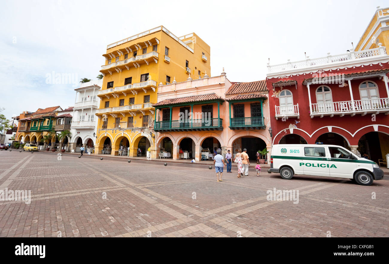 Spanish colonial architecture properties, Plaza de los Coches, Cartagena de Indias, Colombia Stock Photo