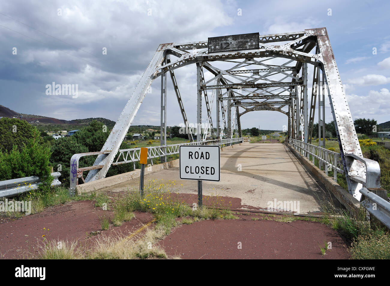Road closed along Route 66. Winona bridge across Walnut Creek (1925
