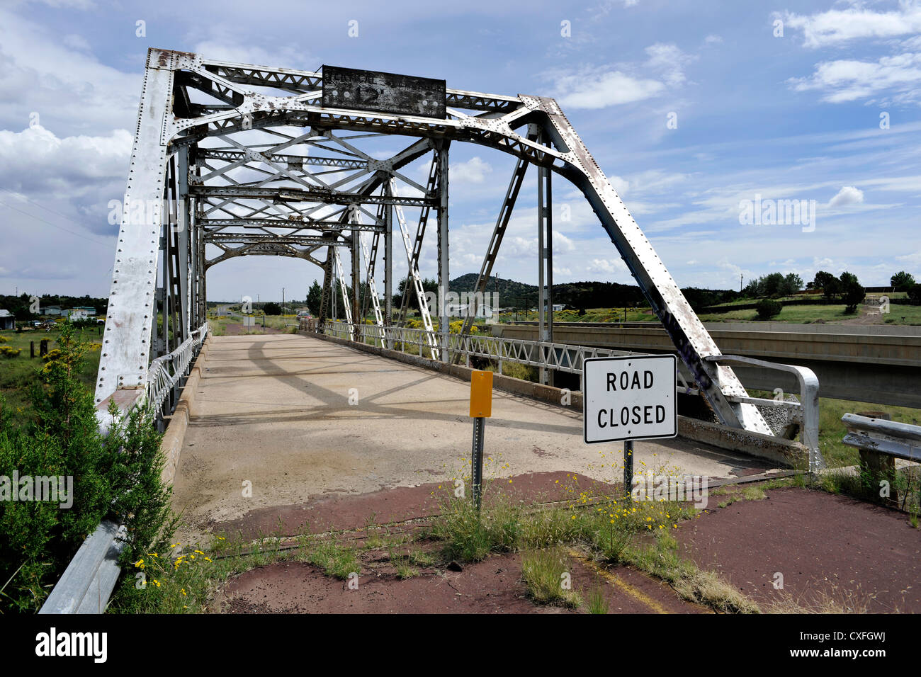 Road closed along Route 66. Winona bridge across Walnut Creek (1925