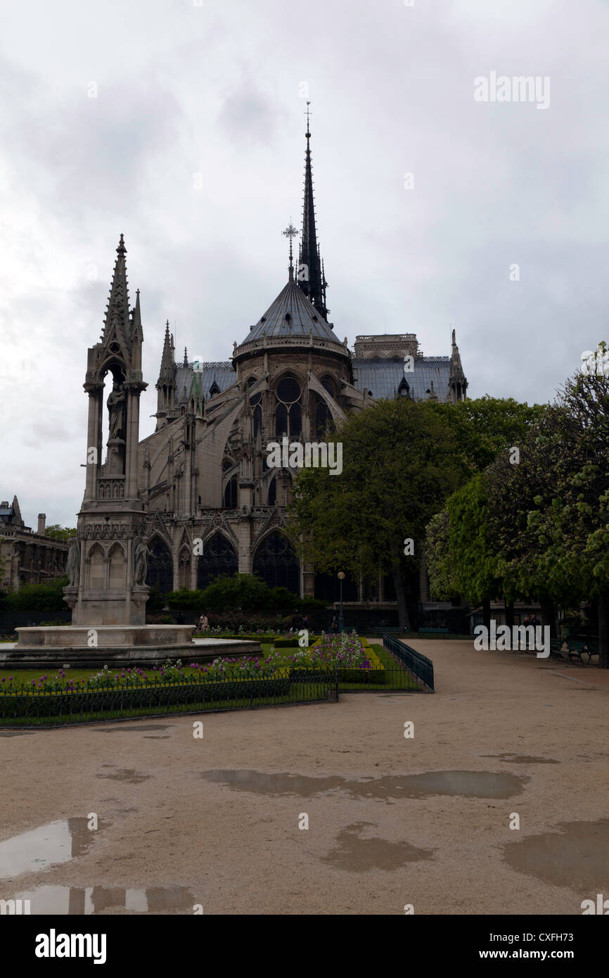 The exterior of Notre Dame de Paris on a rainy day, Paris, France Stock Photo