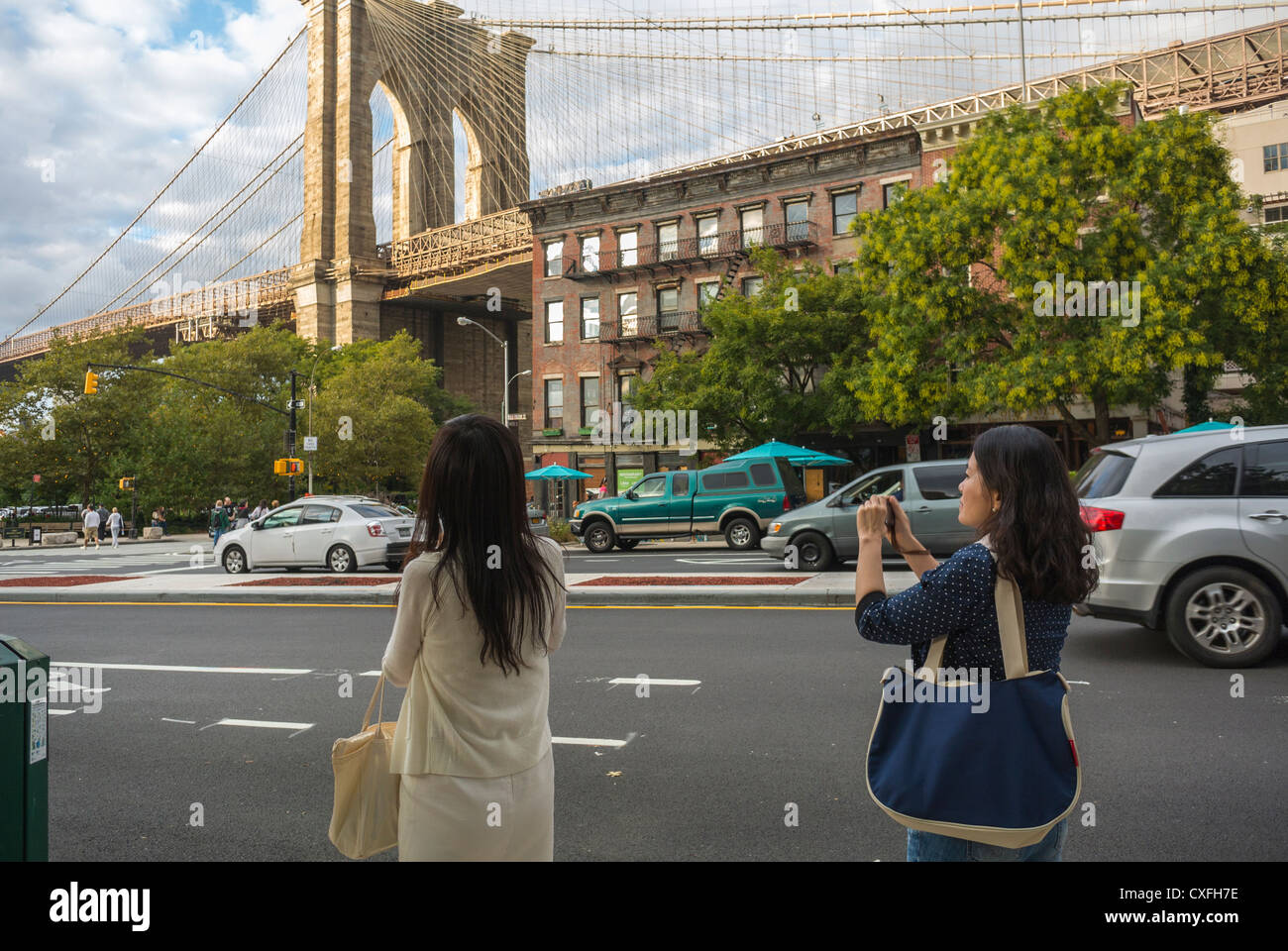 New York City Ny Usa Dumbo Street Scenes Chinese Tourists Visiting Brooklyn Bridge Area Gentrification Of City Areas In Us Stock Photo Alamy