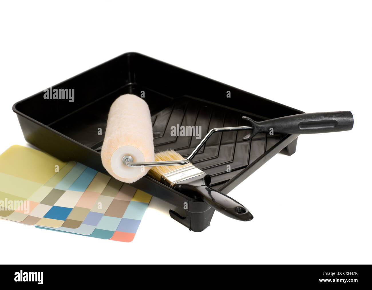 Roller paint pan with paint swatches Stock Photo Alamy