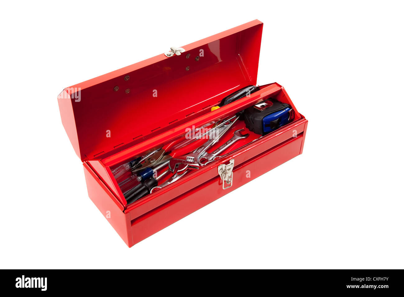 A red metal toolbox full of tools on a white background Stock Photo