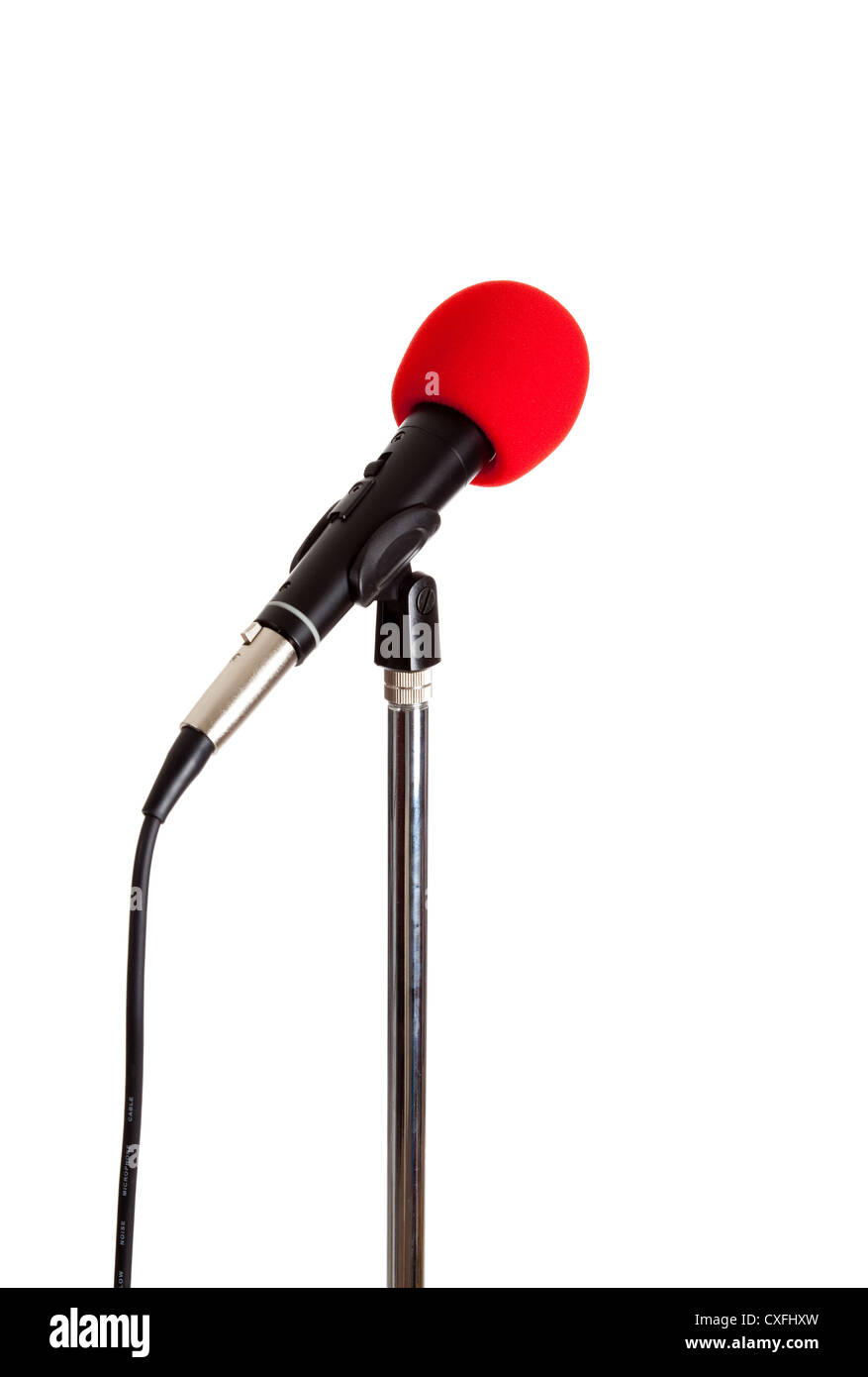 a microphone on a stand with a red cover on a white background Stock Photo  - Alamy