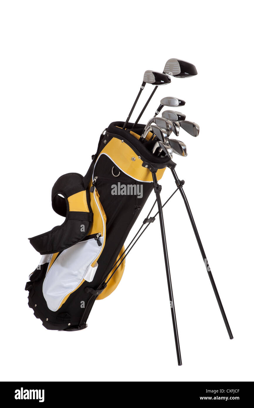 Set of Golf clubs on white background, including irons, metal woods and a  putter in a golf bag Stock Photo - Alamy