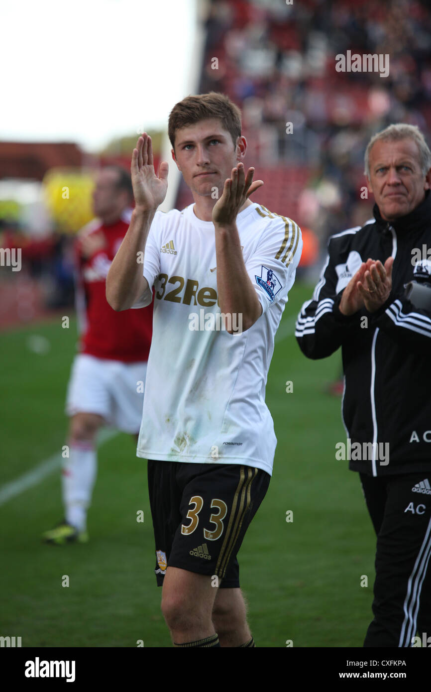 Swansea City defender Ben Davies leaves the pitch after the game between Stoke City V Swansea, Britannia Stadium, 29/09/12 Stock Photo