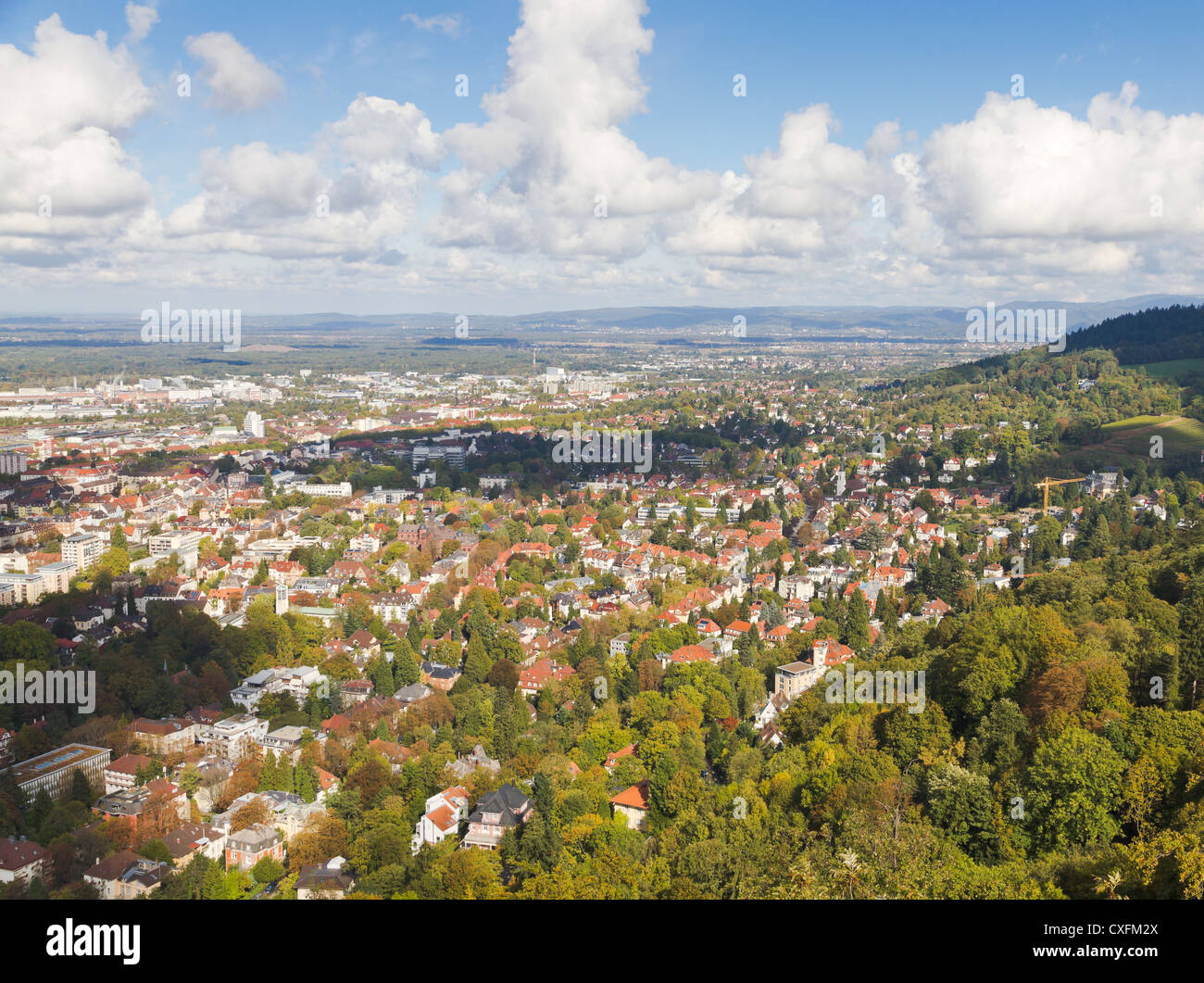 Panorma aerial view over town Freiburg im Breisgau in green valley, Germany Stock Photo