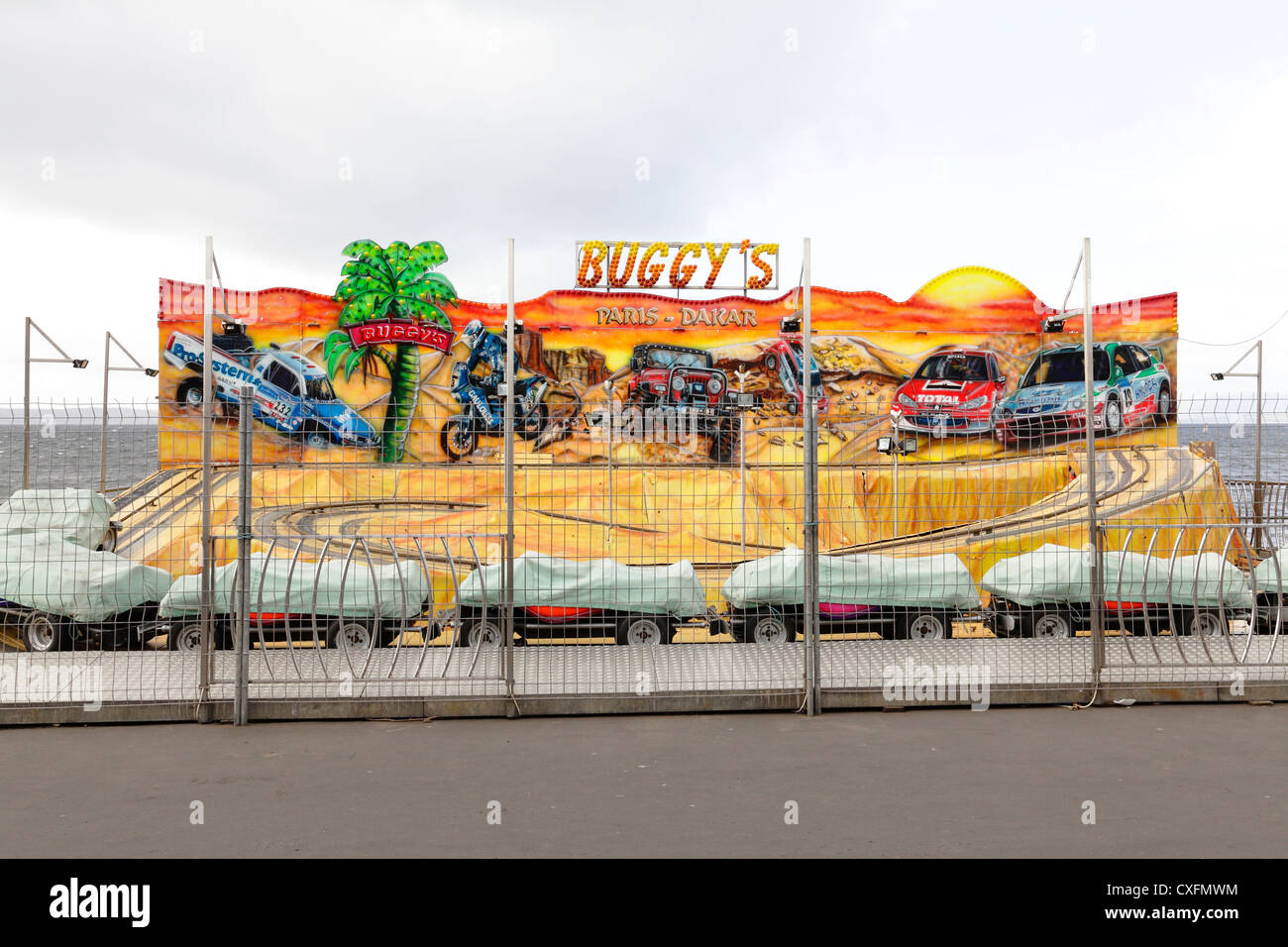 Fairground ride closed for Winter in the seaside town of Largs in North Ayrshire, Scotland, UK, Europe Stock Photo