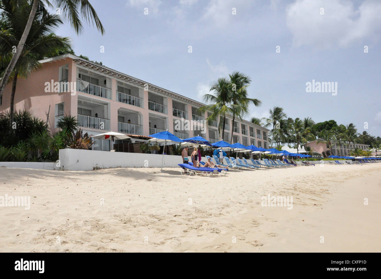 Tropical beach Royal Pavilion Barbados, bright sunshine Stock Photo
