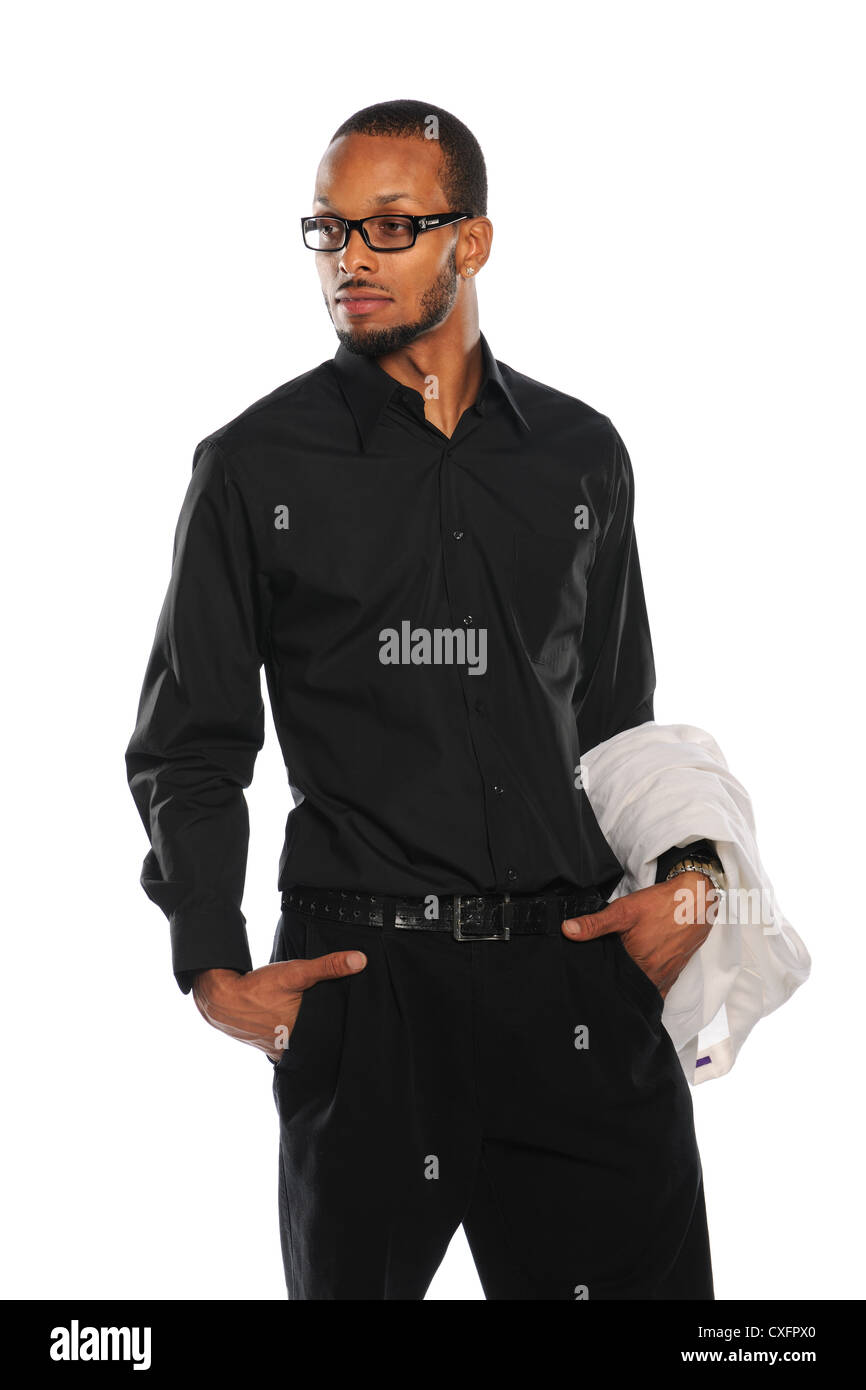Portrait of young African American businessman holding coat isolated ...