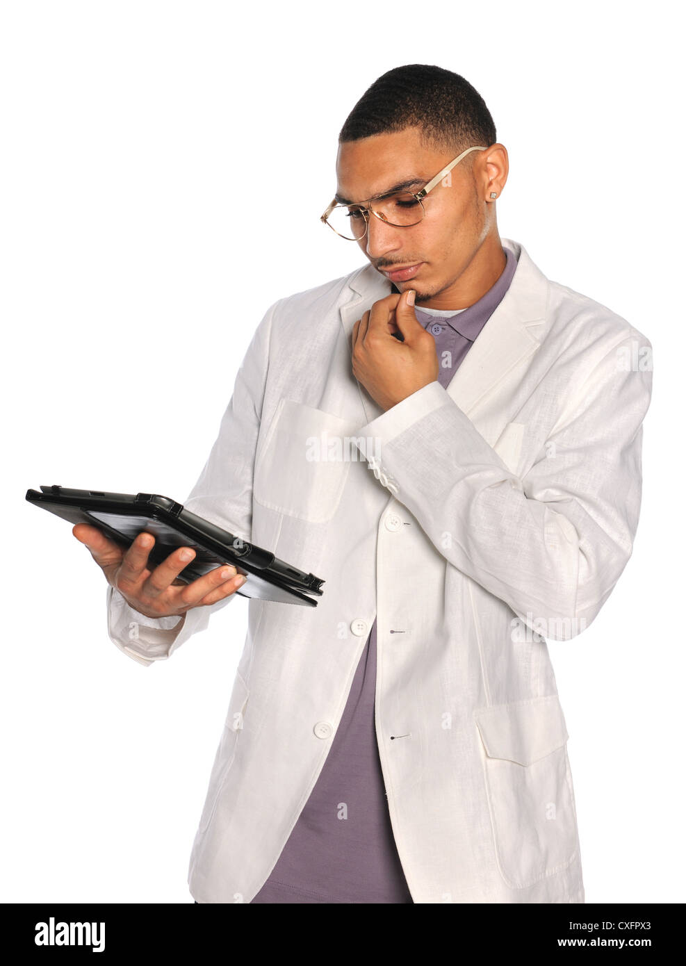 African American businessman using electronic tablet isolated over