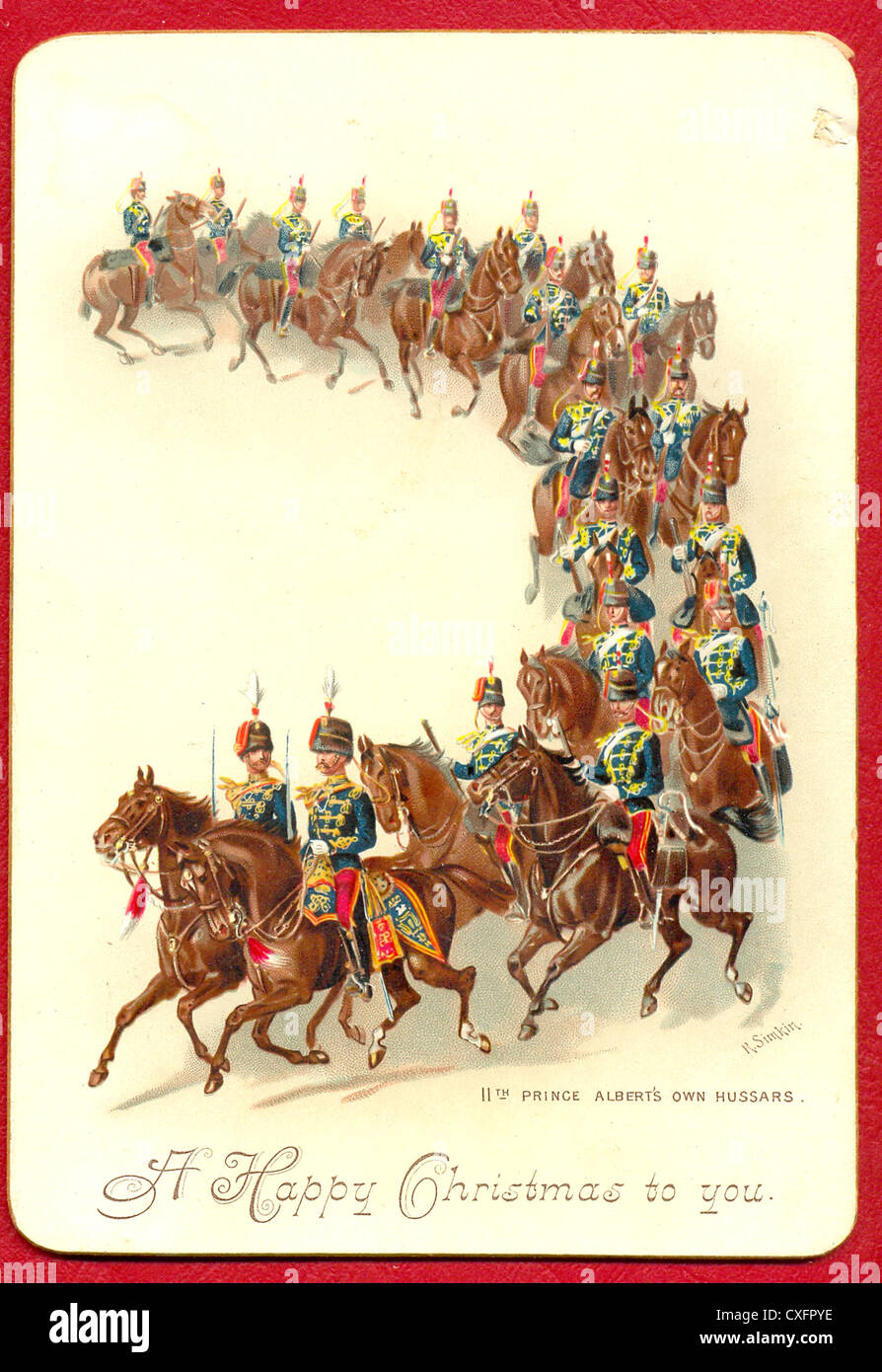 Victorian Christmas card of 11th Prince Albert's Own Hussars by artist R  Simkin Stock Photo