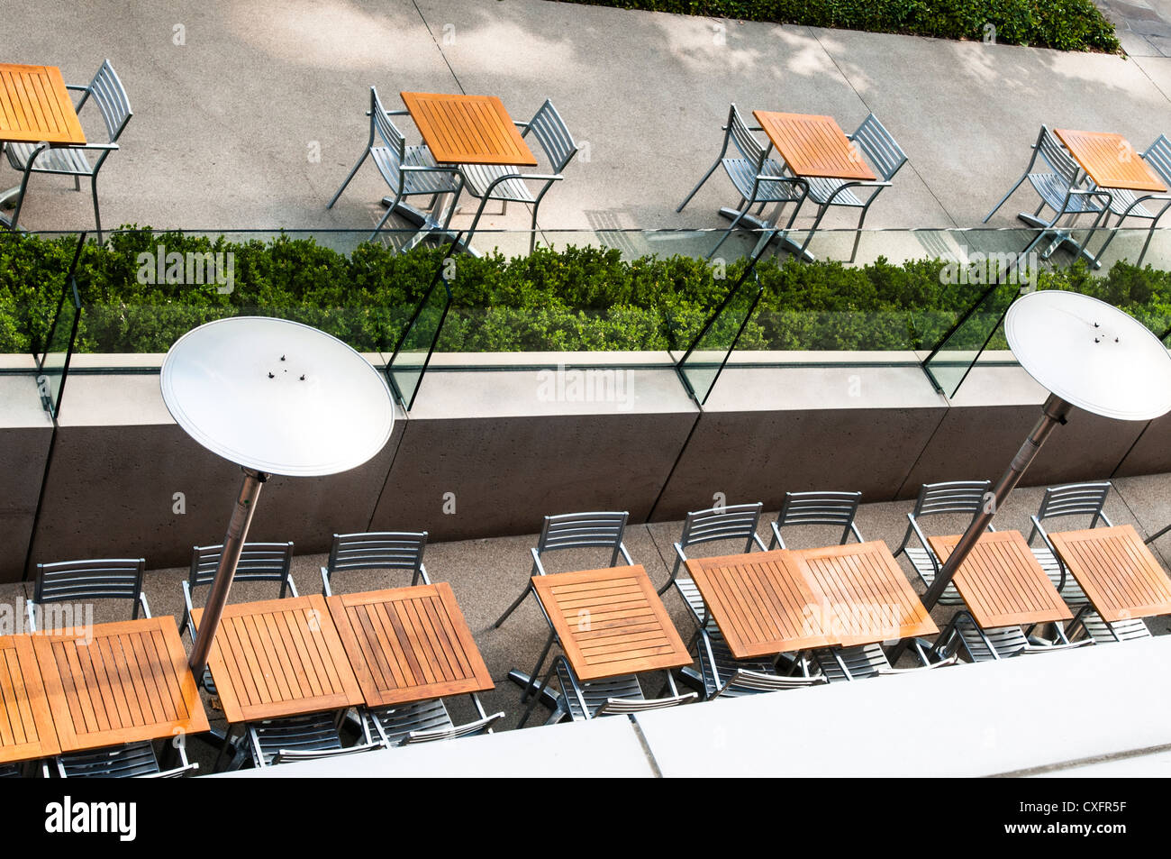 Cafe plaza with wooden tables in Century Plaza, Los Angeles Stock Photo