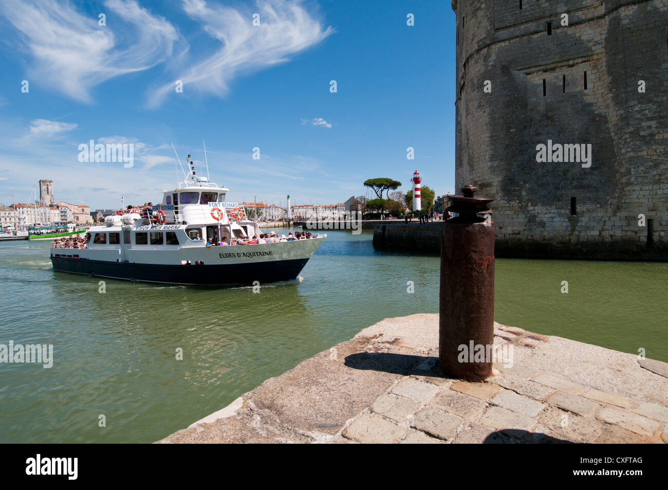 Day trip pleasure cruise boat leaving La Rochelle harbour, Charente-Maritime, Poitou-Charentes, France. Stock Photo