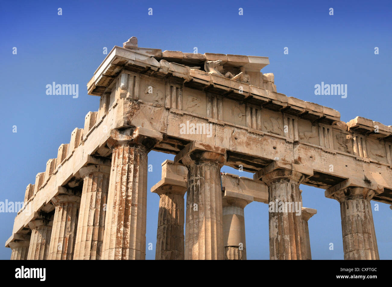 Detail of the pediment of the Parthenon temple on the Acropolis in Athens, Greece Stock Photo
