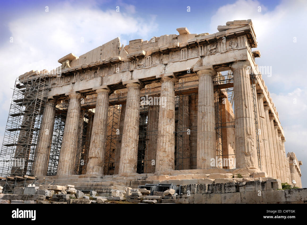 The Parthenon temple undergoing restoration on the Acropolis in Athens, Greece Stock Photo