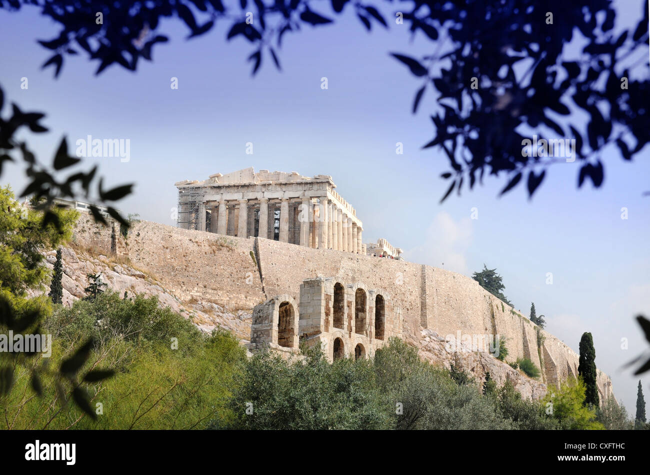 The Parthenon temple viewed from the base of the Acropolis in Athens, Greece Stock Photo