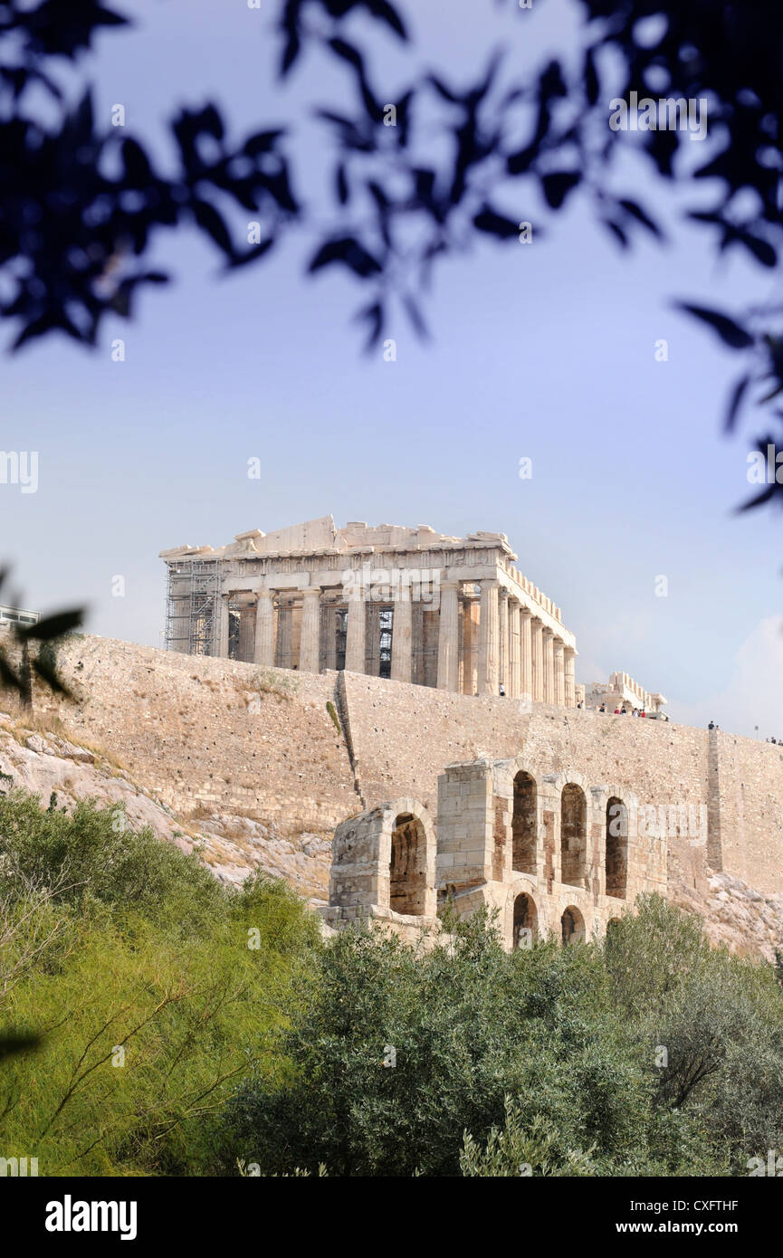 The Parthenon temple viewed from the base of the Acropolis in Athens ...