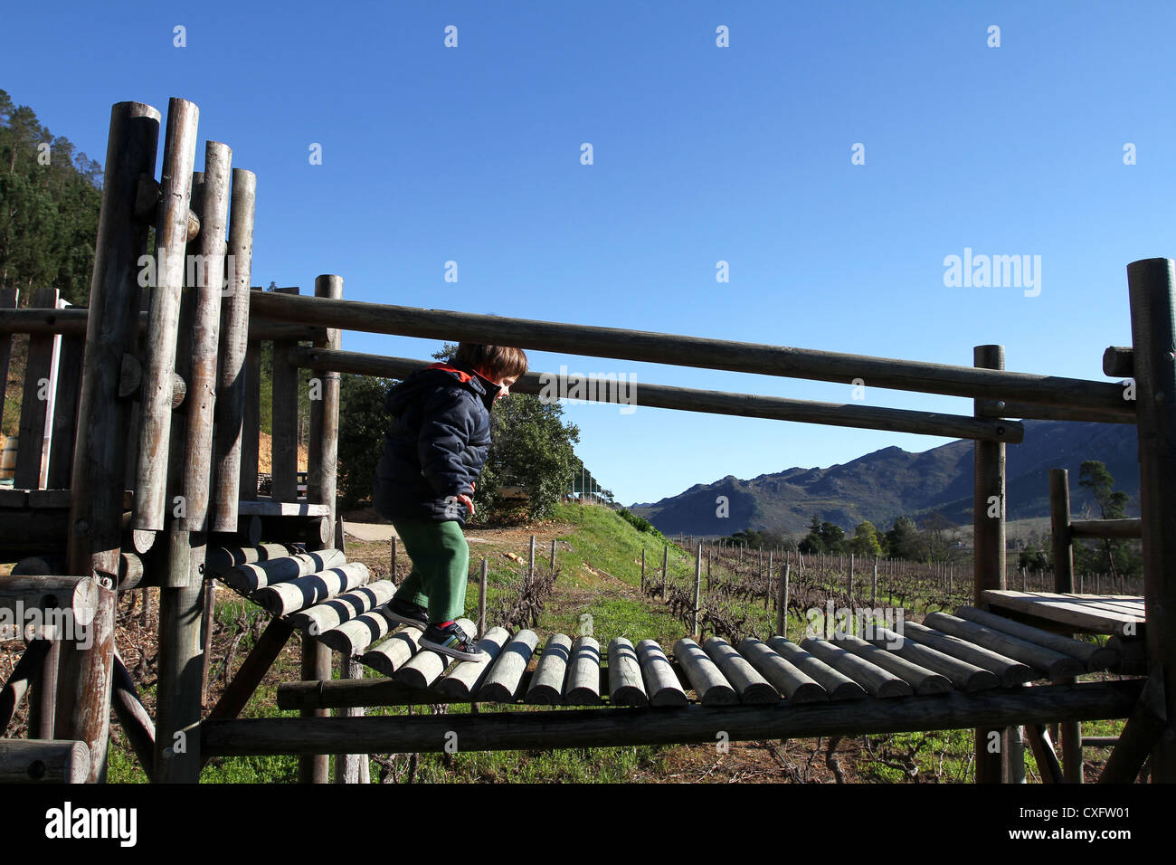 2-year old boy plays on jungle gym, Rickety Bridge winery, Franschhoek, South Africa Stock Photo
