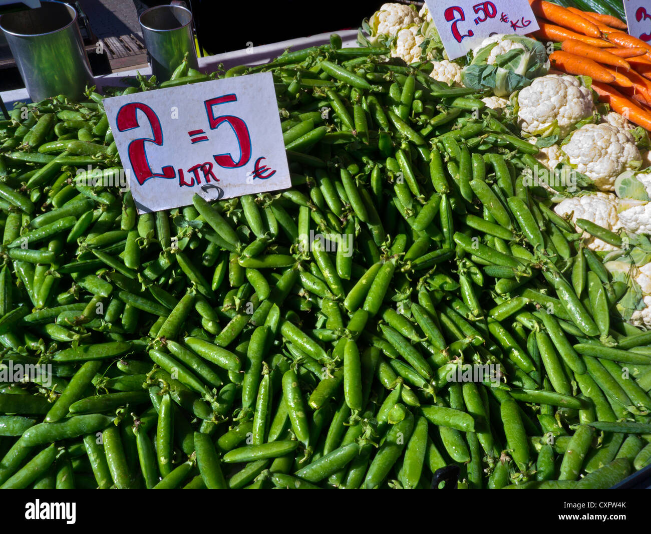 Fresh peas  on display for sale in Helsinki market Finland Stock Photo