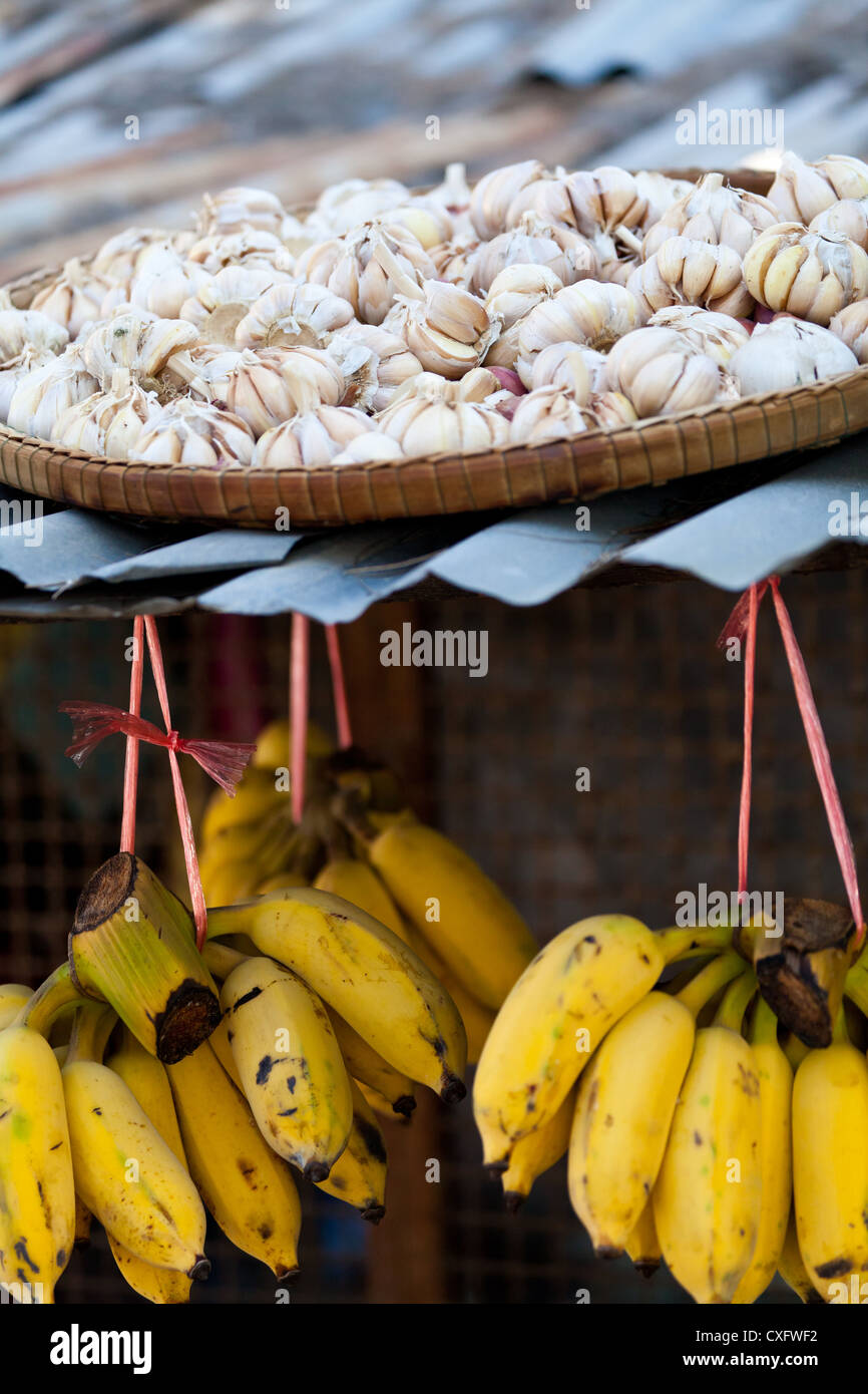 Bananas and Garlic on a Market at Rawai Beach on Phuket Stock Photo