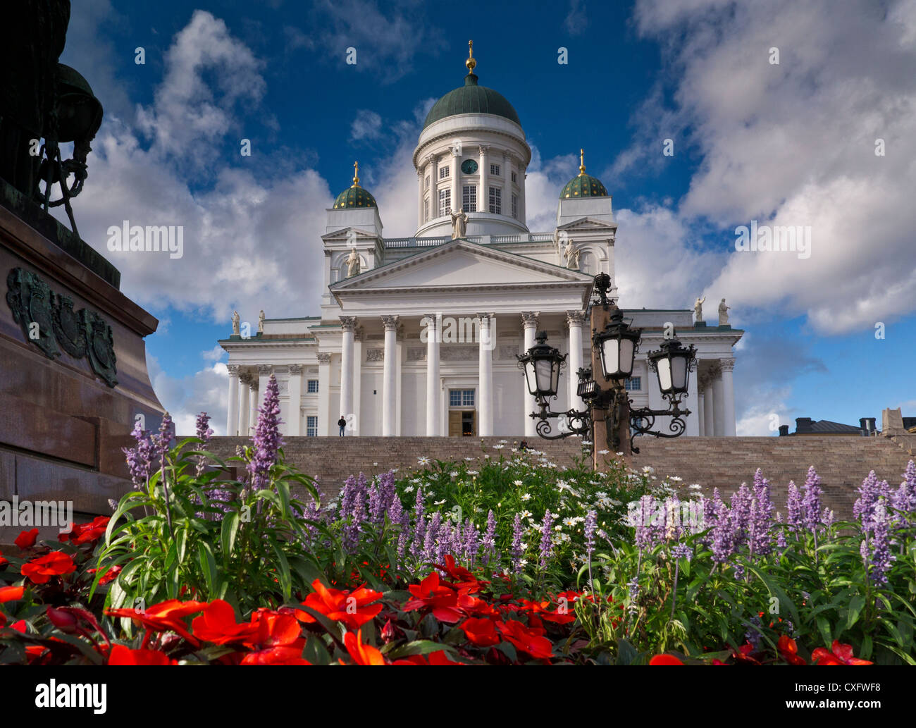 Helsinki Cathedral Senate Square with floral bedding plants in foreground  Helsinki Finland Stock Photo
