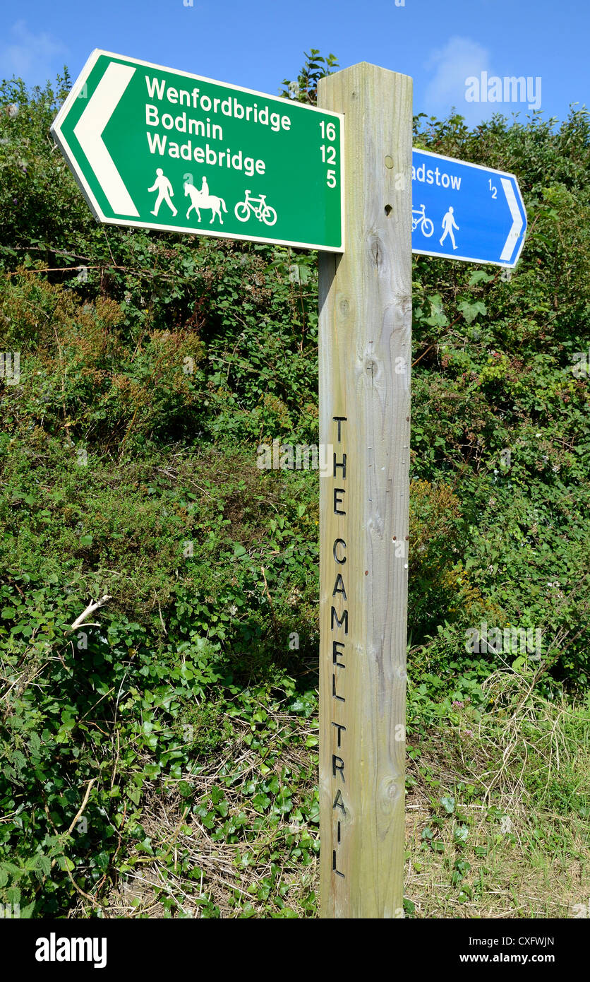 A direction signpost on the Camel trail near Padstow in Cornwall, UK Stock Photo